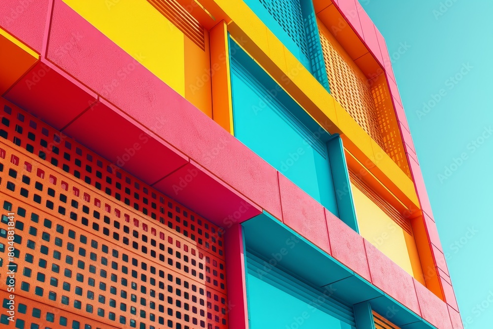 Poster a colorful building made of blocks with a colorful wall