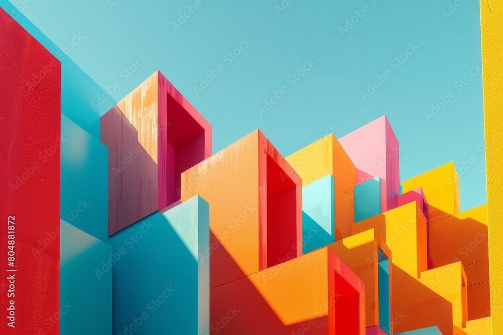 Poster a colorful building made of blocks with a colorful wall