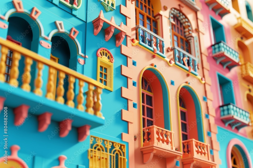 Poster a colorful building made of blocks with a colorful wall