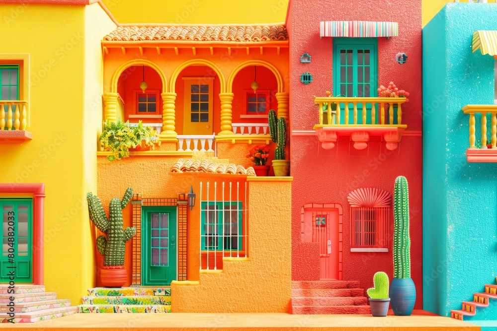 Poster a colorful building made of blocks with a colorful wall