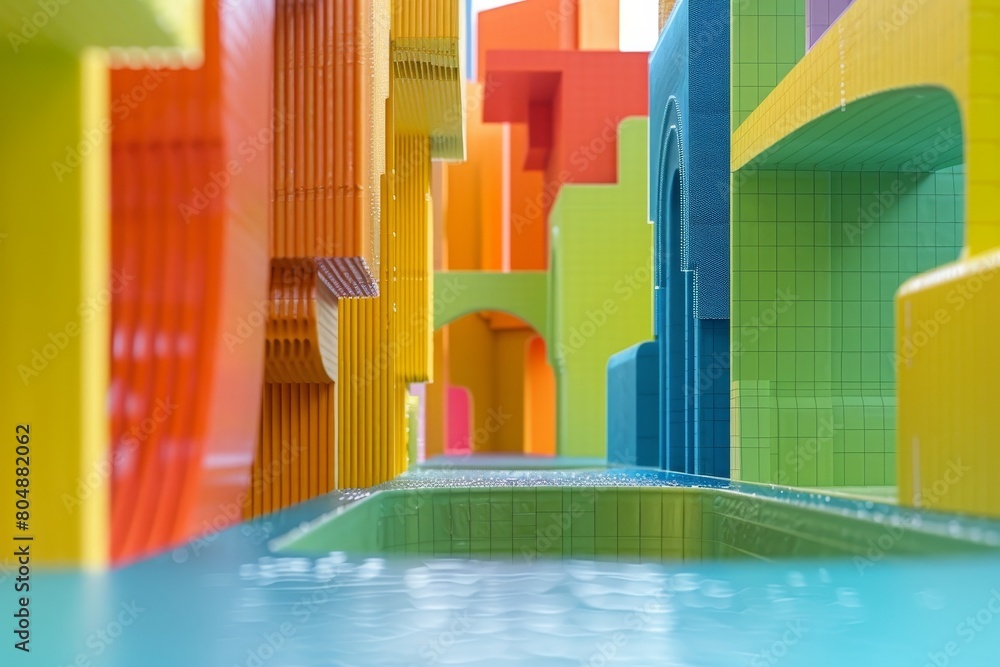 Poster a colorful building made of blocks with a colorful wall