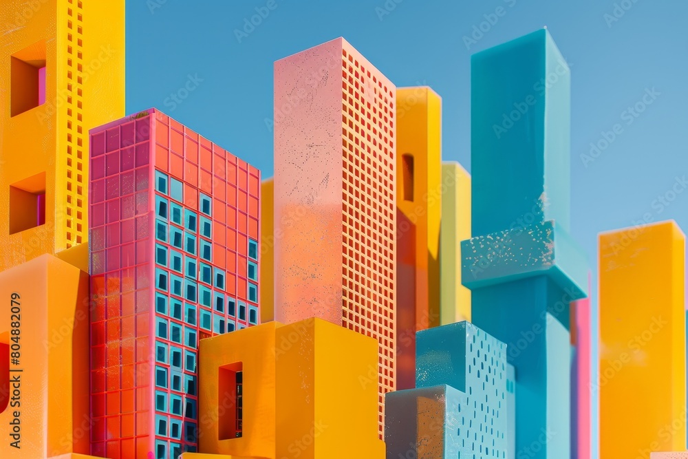 Poster a colorful building made of blocks with a colorful wall