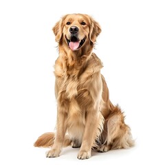 Happy sitting and panting Golden retriever dog looking at camera, Isolated on white. Generative Ai