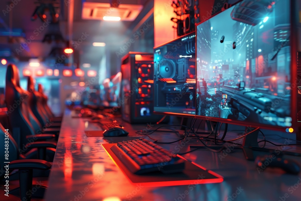 Poster a computer game room with many computers and keyboards