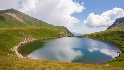 A small lake high in the mountains surrounded by green meadows. Natural background. Illustration for cover, card, postcard, interior design, banner, poster, brochure or presentation