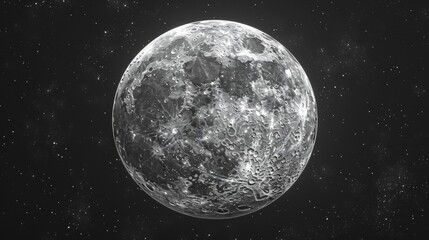Monochrome illustration of a full moon in outer space against black background. Drawing of celestial body, lunar astronomical object, or satellite in outer space.