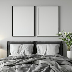 Frame mockup in cozy gray and black bedroom interior, 3d render