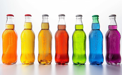 Row of Soda Bottles with Various Colored Drinks. Bottled Bliss. A Rainbow of Refreshment.