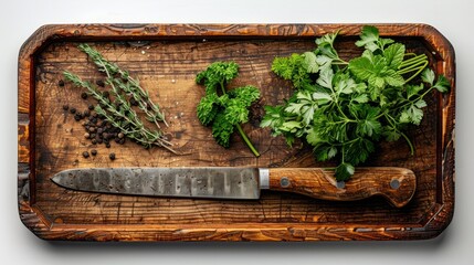 A Clean Knife. top view, on white background and cutting board and space for text.