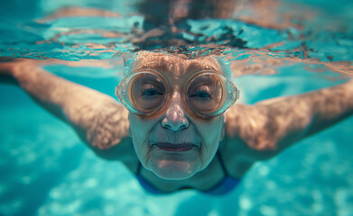Fototapeta premium Senior's Swim. Older woman wearing goggles swimming in a pool.