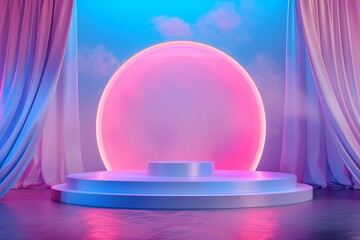 A stage with a pink circle in the middle and blue curtains