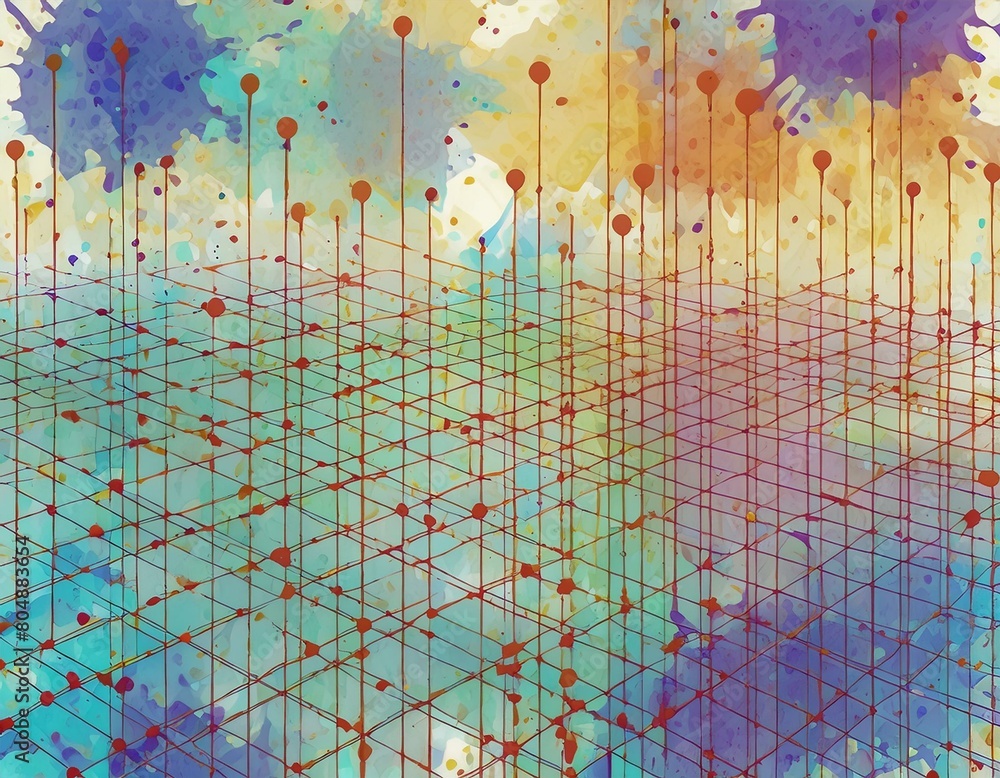Poster grid surface with splatters of watercolor paint. abstract network background in science or technolog
