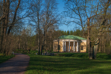 View of the Concert Hall pavilion in the Catherine Park of Tsarskoye Selo on a sunny spring day, Pushkin, St. Petersburg, Russia