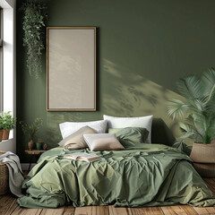 Frame mockup in cozy green bedroom interior, 3d render