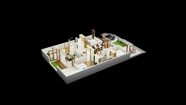 3d illustration floor plan top view minimalist house 135 square meters with 3 bedrooms