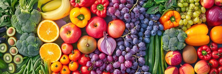 Fruits and vegetables are arranged neatly to create an attractive backdrop