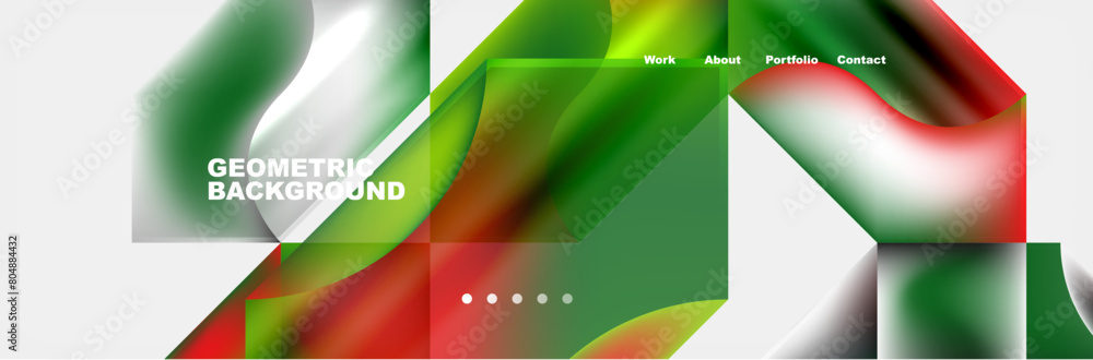 Poster Vibrant colorfulness of green, red, and white geometric shapes on abstract background. Features triangles, circles, and patterns in macro photography closeups