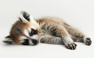 Sleeping cute raccoon. Young Animal Resting on White Background