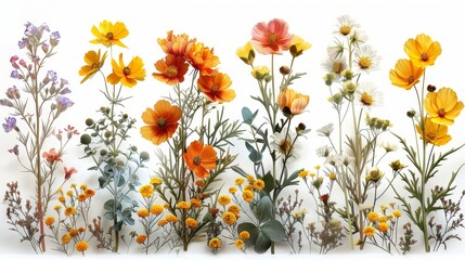 An assemblage of beautiful yellow and pink garden blossoming flowers and flowering plants isolated on white background. Illustration of floristic design elements. - obrazy, fototapety, plakaty
