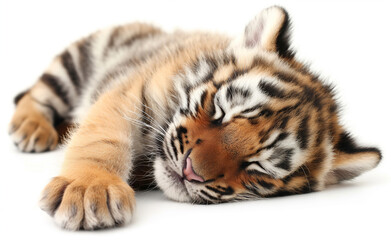 Fototapeta premium Sleeping Cute Tiger. Young Animal Resting on White Background