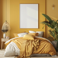 Frame mockup in cozy yellow bedroom interior, 3d render