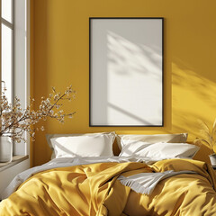 Frame mockup in cozy yellow bedroom interior, 3d render
