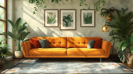 Modern home interior design hand drawn modern illustration with vintage furniture, sofa, chair, floor lamp, and houseplants.