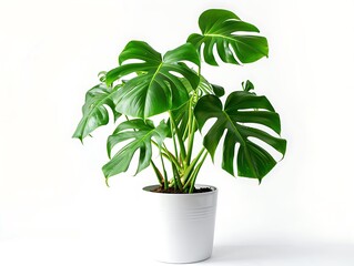 Monstera Deliciosa plant in white platic pot with isolated white background. Generative Ai