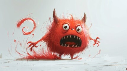 Modern illustration of frightened cartoon red devil running away feeling danger. Cute little monster holding tail on white background. Adventurous agile cunning devil.