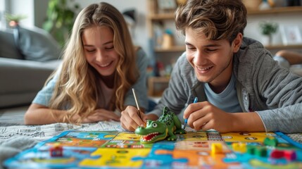 Modern illustration of smiling friends playing crocodile game at home. Woman drawing picture and people guessing it in the background. Smiling person spending time with friends.