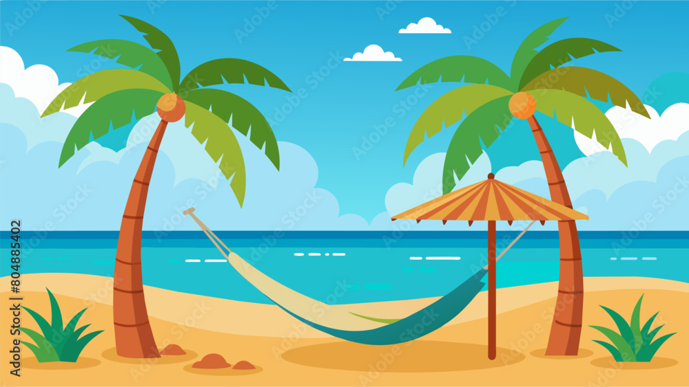 Poster a picturesque beach setting where a hammock is cleverly hung between two palm trees offering a tranq