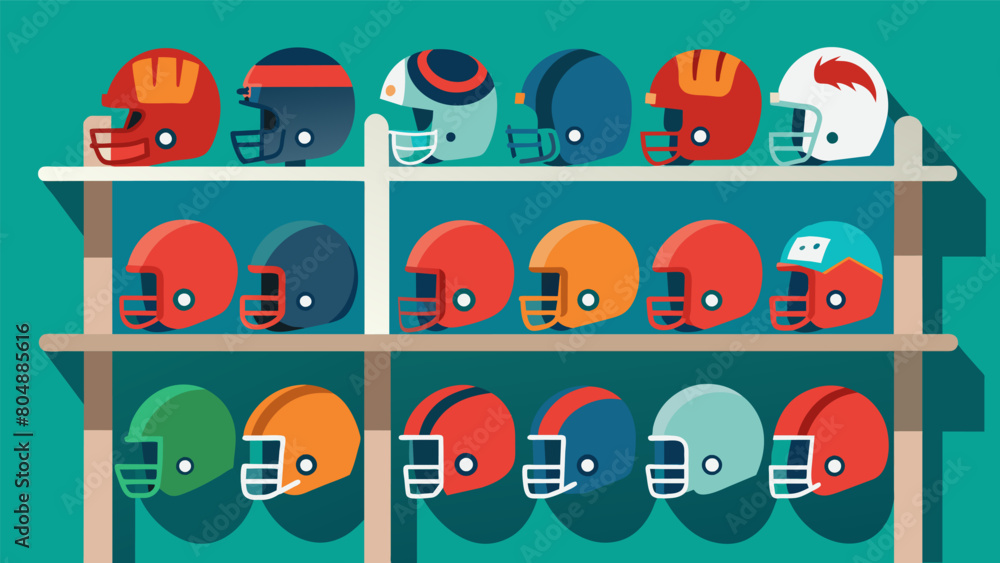 Poster a rack of used football pads and helmets each with a unique story and a potential new owner.. vector