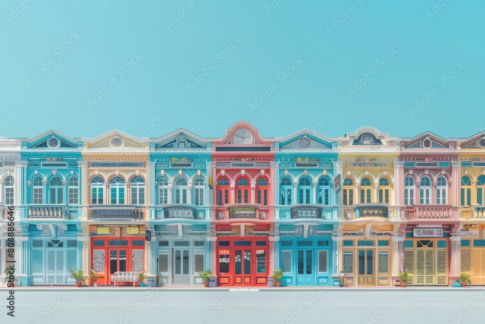 Poster a row of colorful buildings with a colorful sky in the background
