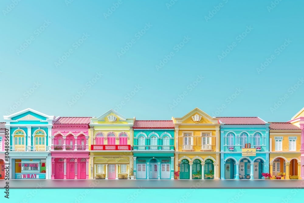 Poster a row of colorful buildings with a colorful sky in the background