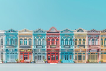 A row of colorful buildings with a colorful sky in the background
