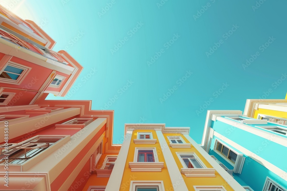 Poster a row of colorful buildings with a colorful sky in the background