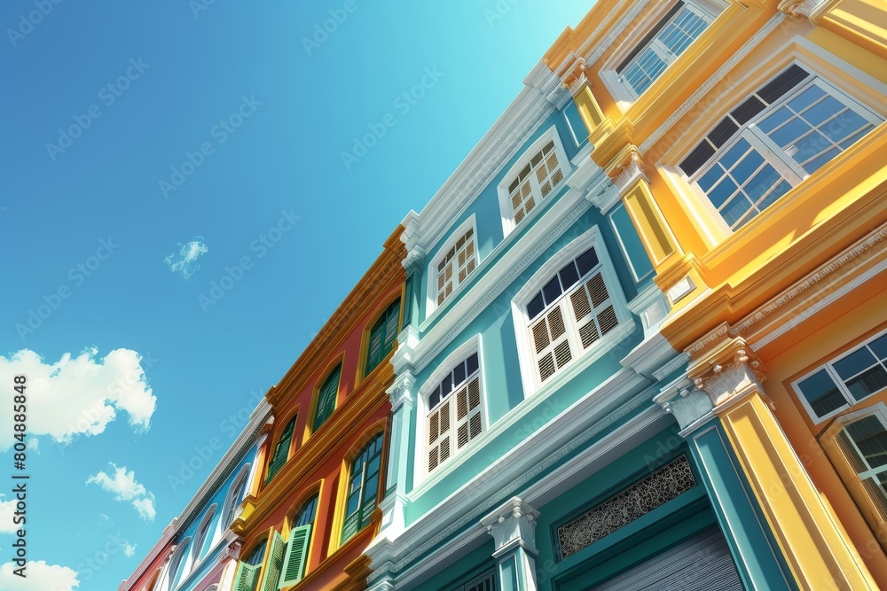 Poster a row of colorful buildings with a colorful sky in the background