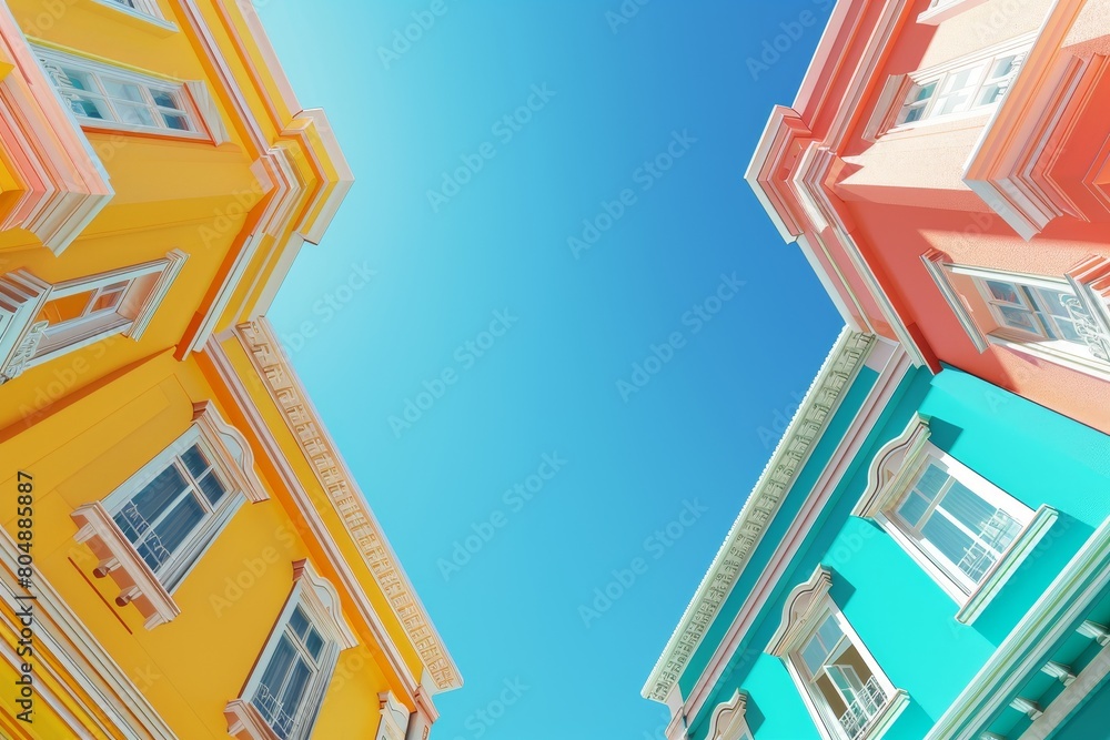 Poster a row of colorful buildings with a colorful sky in the background