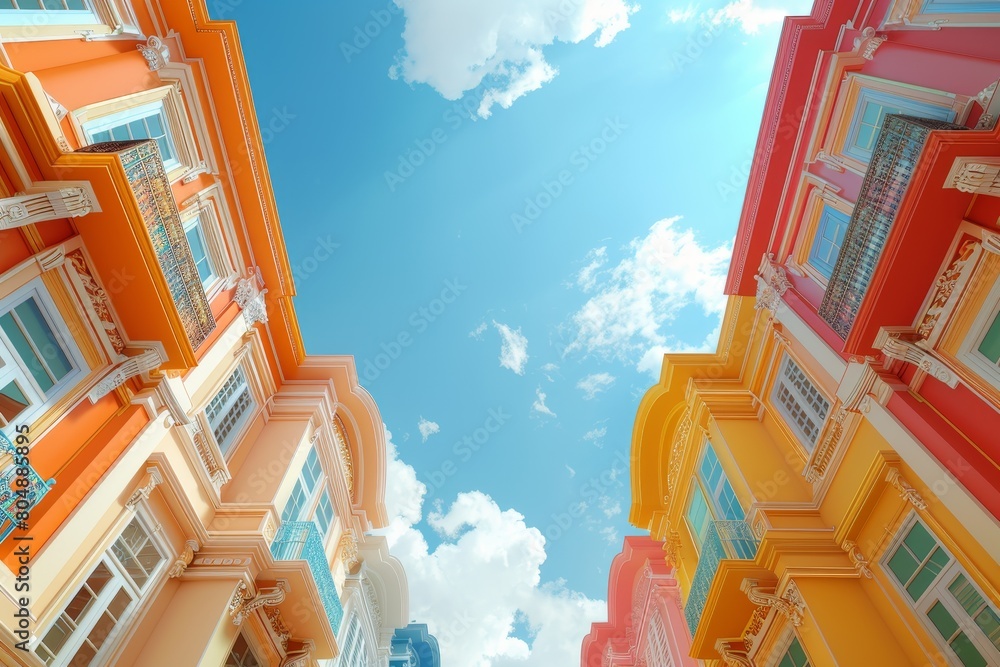 Poster a row of colorful buildings with a colorful sky in the background