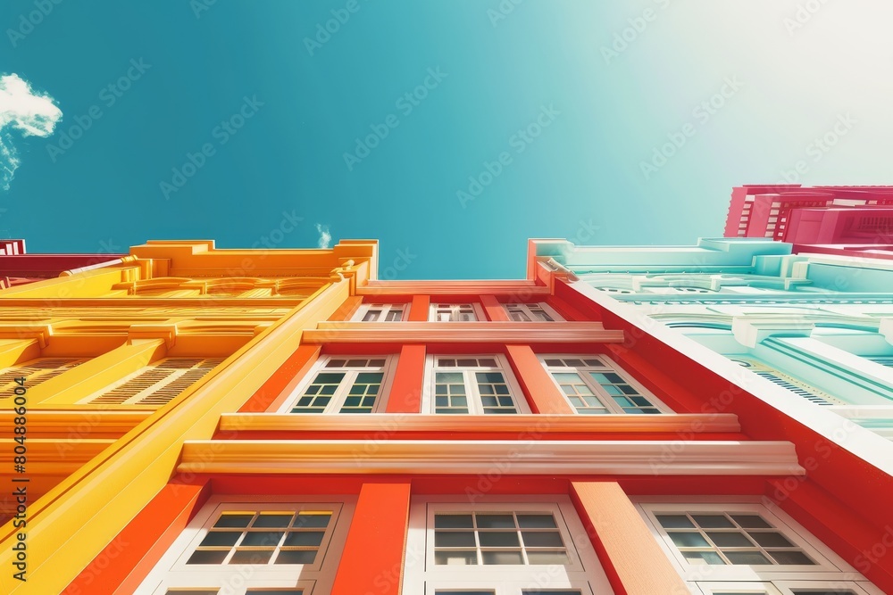 Poster a row of colorful buildings with a colorful sky in the background
