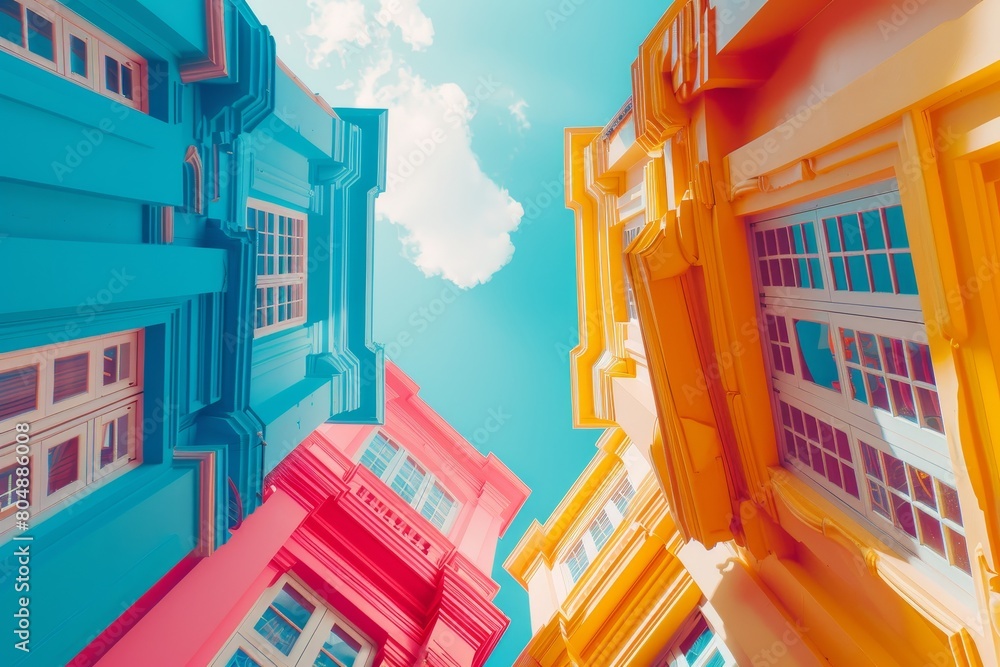 Poster a row of colorful buildings with a colorful sky in the background