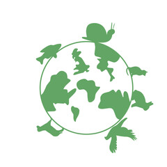 illustration of trees and animals walking around the world