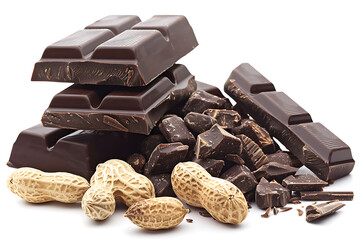 Lots of broken chocolate bars and some peanuts on top on white background.