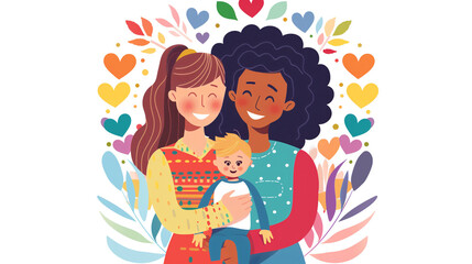 Illustrator 2d flat two woman holding one child, smiling, celebrating, on a background with rainbow colors. AI Generative