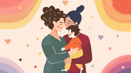 Illustrator 2d flat two woman holding one child, smiling, celebrating, on a background with rainbow colors. AI Generative