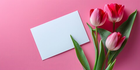 Blank card with vibrant tulips on pink background. Springtime greetings.