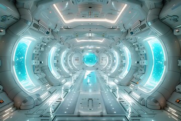 Futuristic Spaceship Interior Bathed in Glowing White and Blue Lights,a Visionary Sci-Fi Concept of Advanced Spacecraft Technology and Design