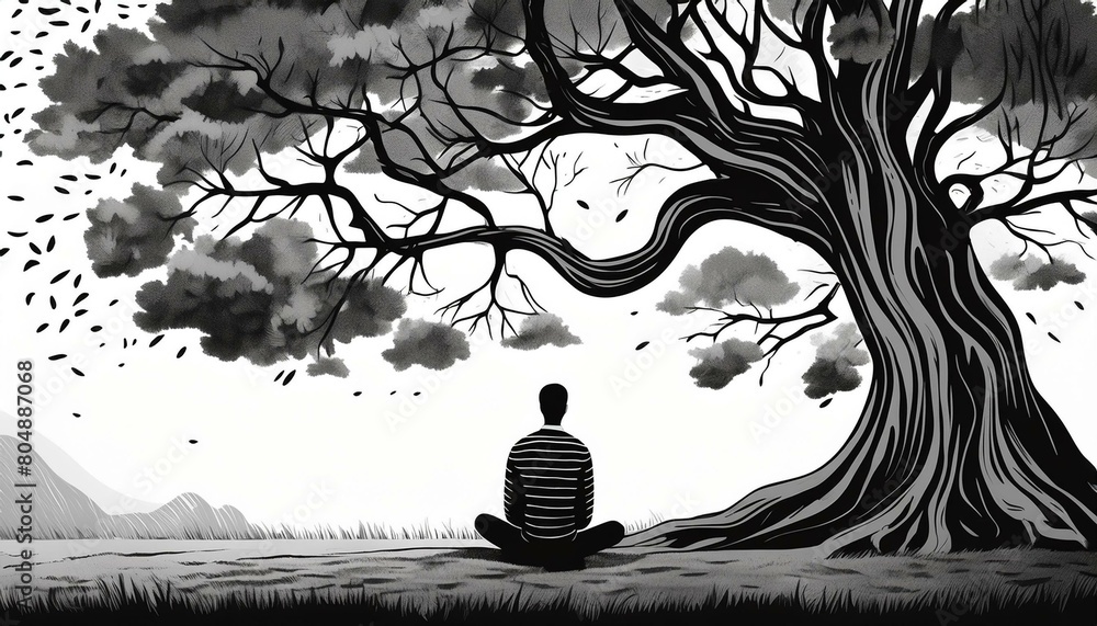 Aufkleber a sad and lonely man sits pensively under a tree. man thinks about a problem. time for reflection. d