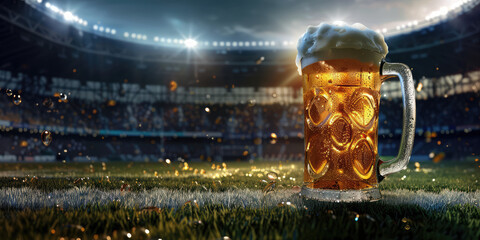A mug of beer placed on a soccer field grass.
