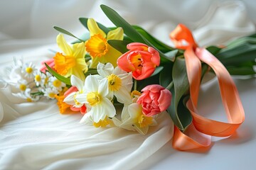 Celebrate International Women's Day with a cheerful Mom's Day card featuring tulips and daffodils bouquet.
